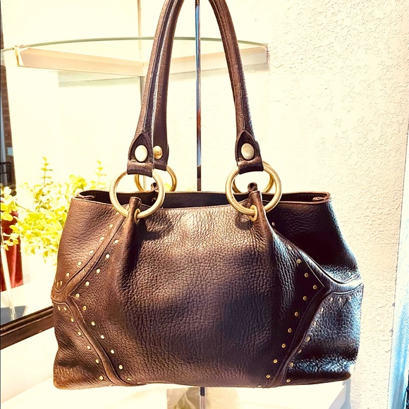 Kenneth Cole Large Thick Leather Tote Handbag With Brass Studs - Picture 1 of 16